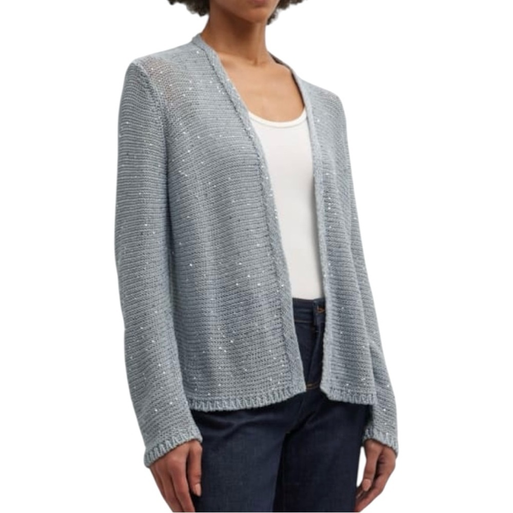 Eileen Fisher Sequin Cardigan Open Front Knit Sweater 100% Cotton‎ Womens Large
